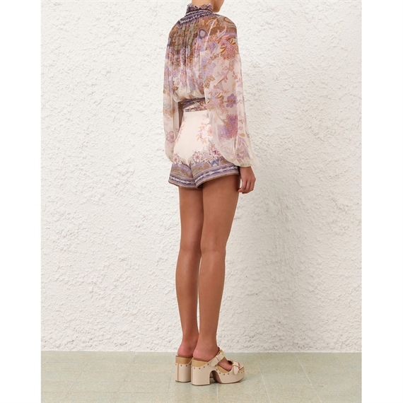 Zimmermann Luna Scarf Tie Shorts, Cream Blue Paisley